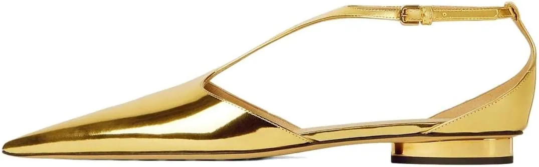 XYD Women Chic Pointed Closed Toe Flats Sleek Low Heel Chunky Slender T-Strap with Buckle Dress Party Casual Shoes