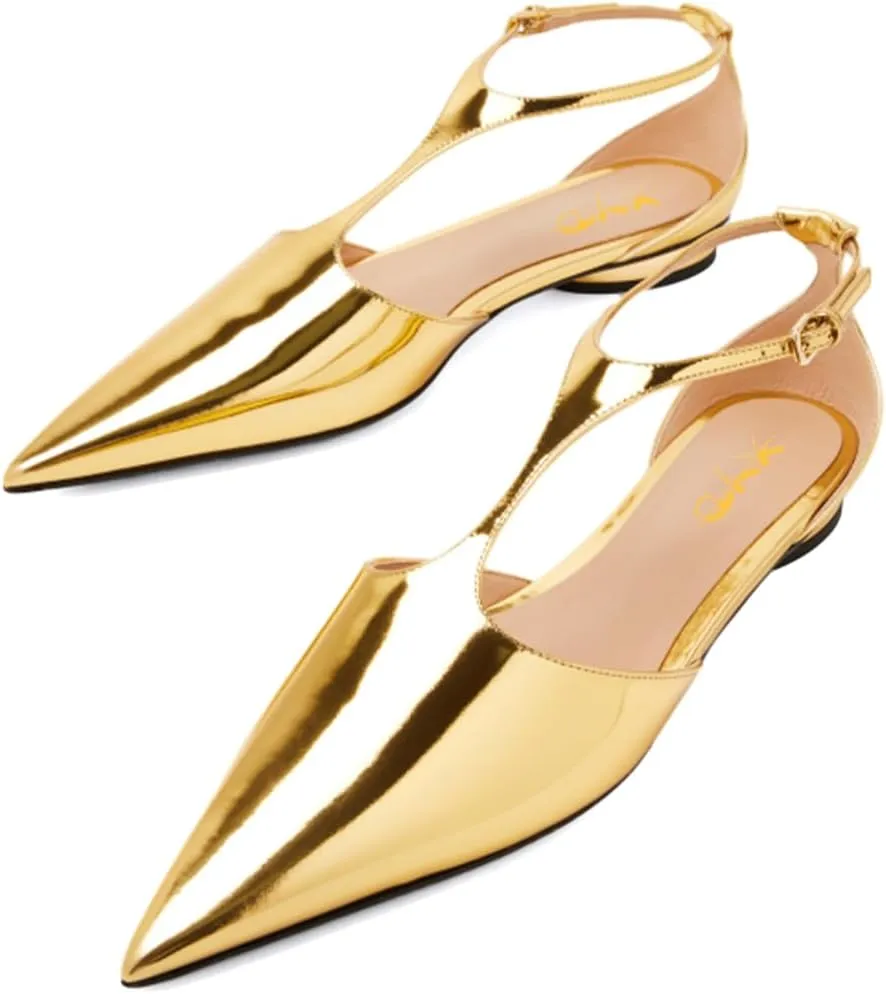 XYD Women Chic Pointed Closed Toe Flats Sleek Low Heel Chunky Slender T-Strap with Buckle Dress Party Casual Shoes