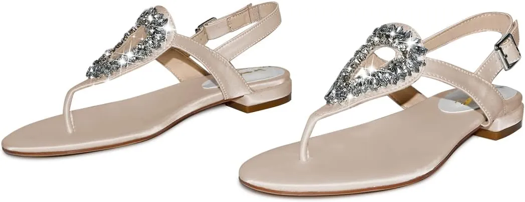 XYD Women Crystal Wedding Sandals with Rhinestone Flip-flop Beach Dressy Diamond Bridal Comfortable Walking Flats Satin Shoes