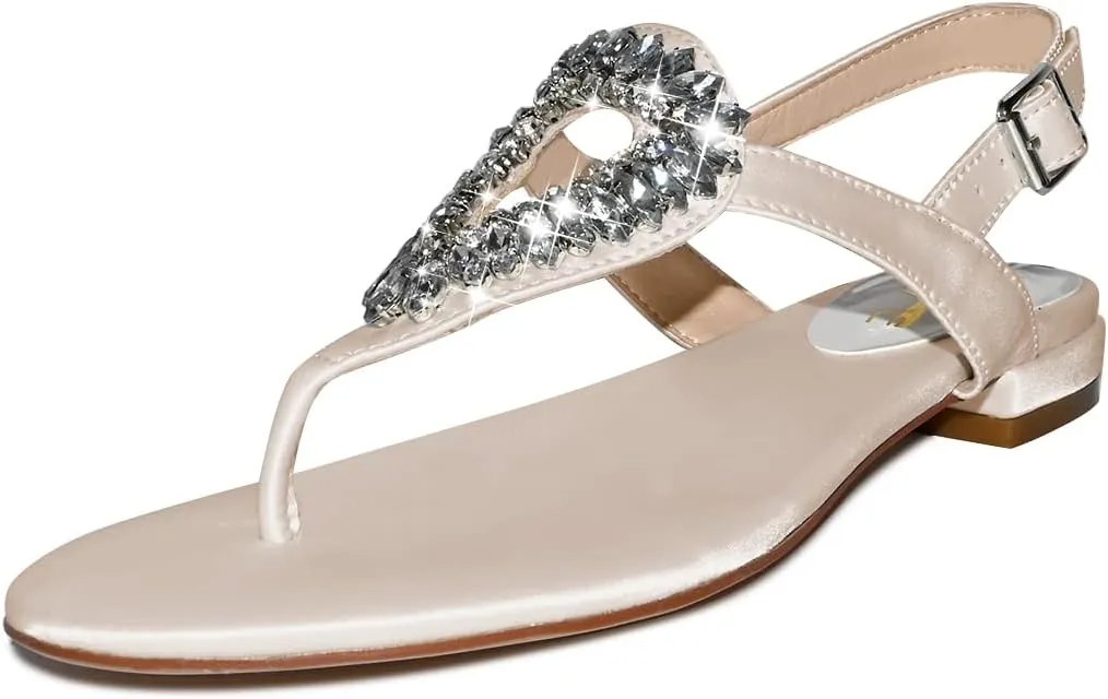 XYD Women Crystal Wedding Sandals with Rhinestone Flip-flop Beach Dressy Diamond Bridal Comfortable Walking Flats Satin Shoes