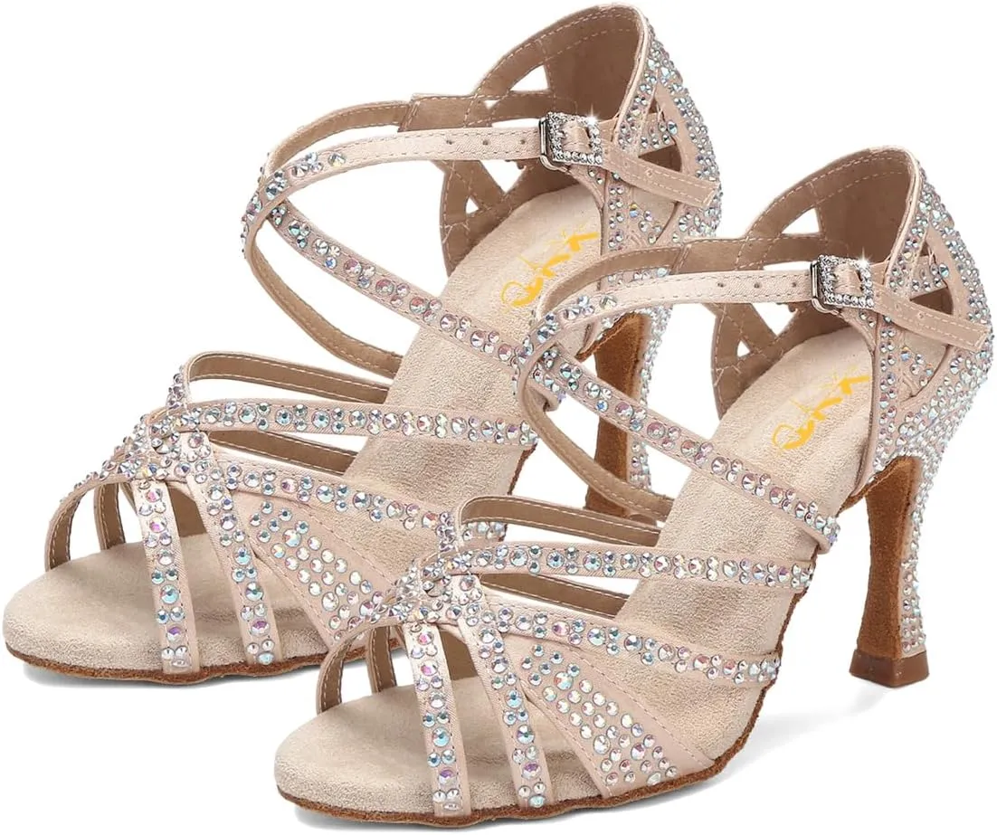 XYD Women Dance Ballroom Latin Jazz Sandals Mid Heels Open Toe Crystal Rhinestones Strappy Sparkling Bridal Evening Fancy Pumps Shoes