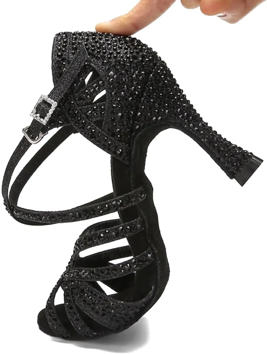 XYD Women Dance Ballroom Latin Jazz Sandals Mid Heels Open Toe Crystal Rhinestones Strappy Sparkling Bridal Evening Fancy Pumps Shoes
