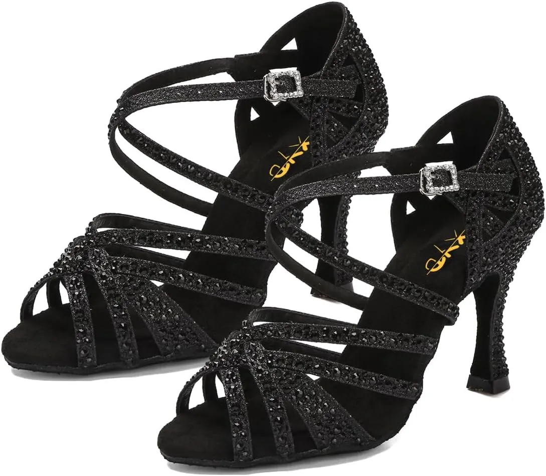 XYD Women Dance Ballroom Latin Jazz Sandals Mid Heels Open Toe Crystal Rhinestones Strappy Sparkling Bridal Evening Fancy Pumps Shoes