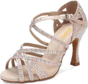 XYD Women Dance Ballroom Latin Jazz Sandals Mid Heels Open Toe Crystal Rhinestones Strappy Sparkling Bridal Evening Fancy Pumps Shoes