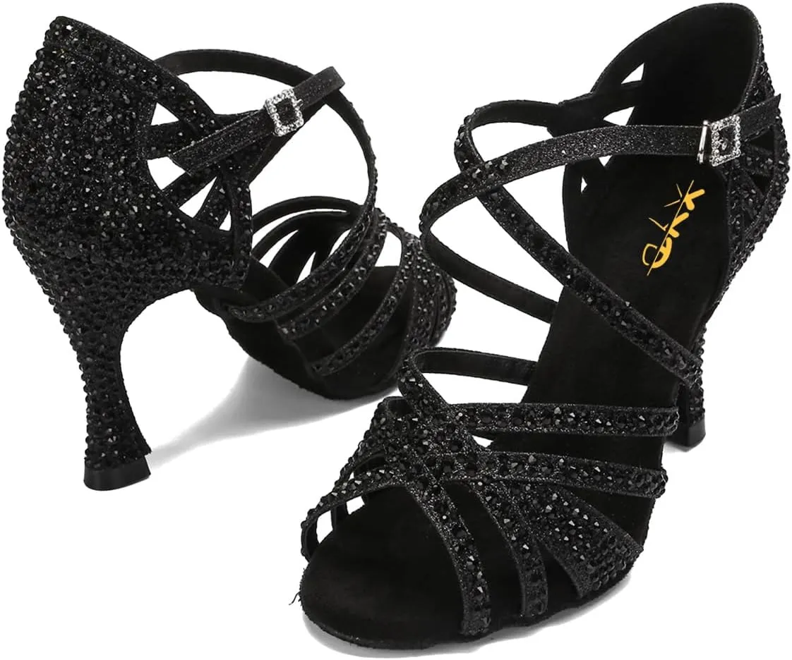 XYD Women Dance Ballroom Latin Jazz Sandals Mid Heels Open Toe Crystal Rhinestones Strappy Sparkling Bridal Evening Fancy Pumps Shoes