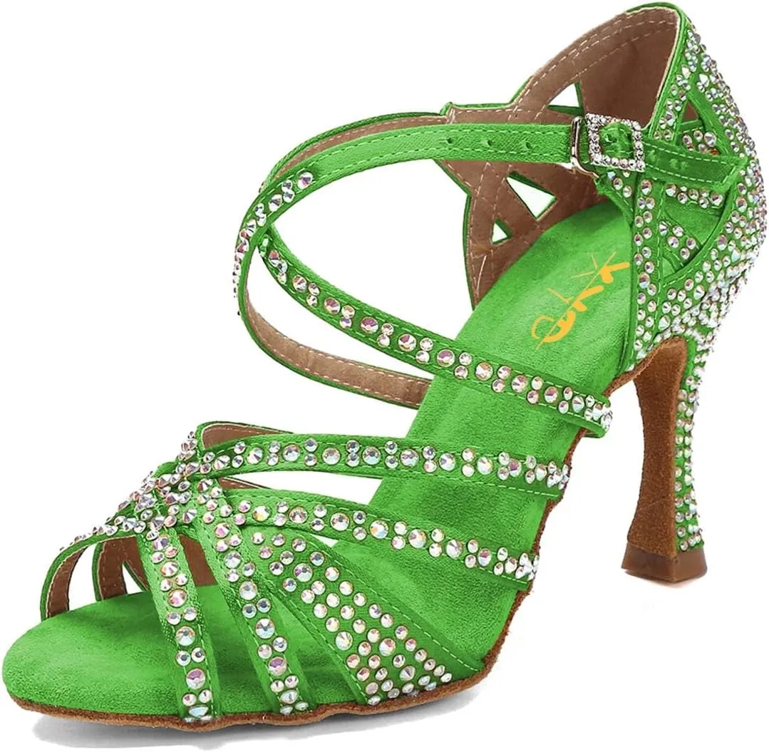 XYD Women Dance Ballroom Latin Jazz Sandals Mid Heels Open Toe Crystal Rhinestones Strappy Sparkling Bridal Evening Fancy Pumps Shoes