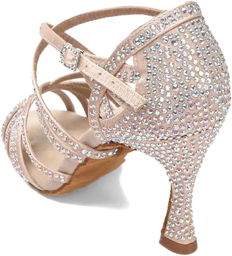 XYD Women Dance Ballroom Latin Jazz Sandals Mid Heels Open Toe Crystal Rhinestones Strappy Sparkling Bridal Evening Fancy Pumps Shoes