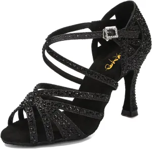 XYD Women Dance Ballroom Latin Jazz Sandals Mid Heels Open Toe Crystal Rhinestones Strappy Sparkling Bridal Evening Fancy Pumps Shoes