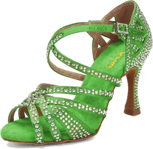 XYD Women Dance Ballroom Latin Jazz Sandals Mid Heels Open Toe Crystal Rhinestones Strappy Sparkling Bridal Evening Fancy Pumps Shoes