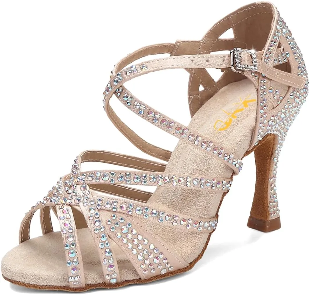 XYD Women Dance Ballroom Latin Jazz Sandals Mid Heels Open Toe Crystal Rhinestones Strappy Sparkling Bridal Evening Fancy Pumps Shoes