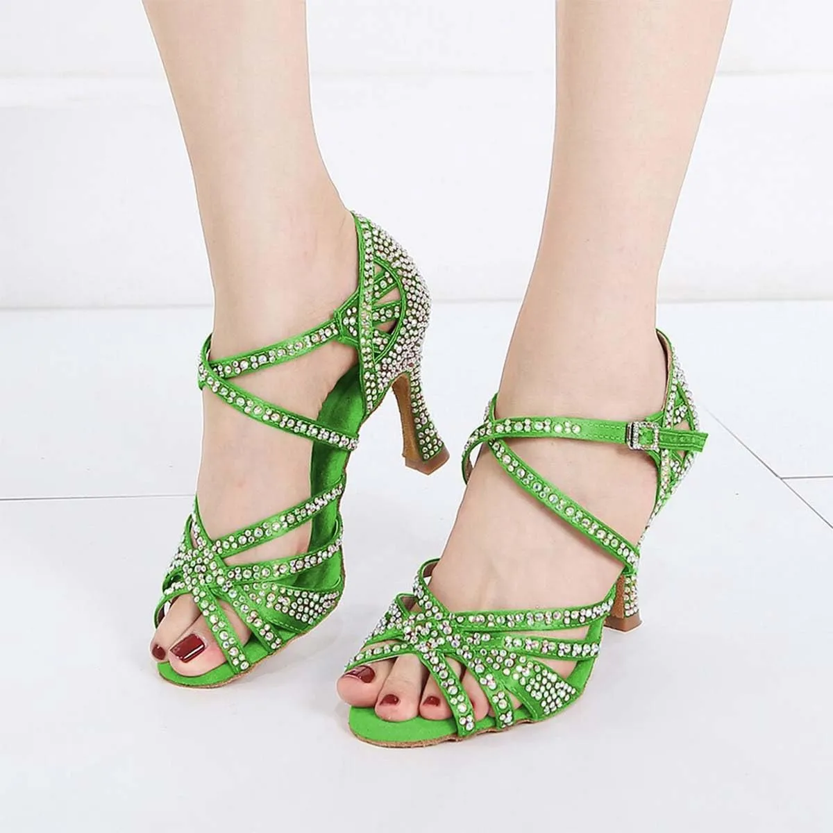 XYD Women Dance Ballroom Latin Jazz Sandals Mid Heels Open Toe Crystal Rhinestones Strappy Sparkling Bridal Evening Fancy Pumps Shoes