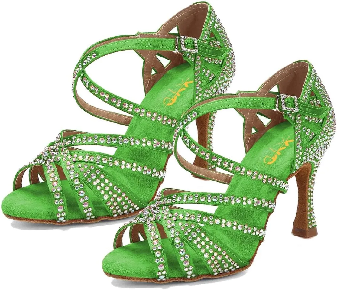 XYD Women Dance Ballroom Latin Jazz Sandals Mid Heels Open Toe Crystal Rhinestones Strappy Sparkling Bridal Evening Fancy Pumps Shoes