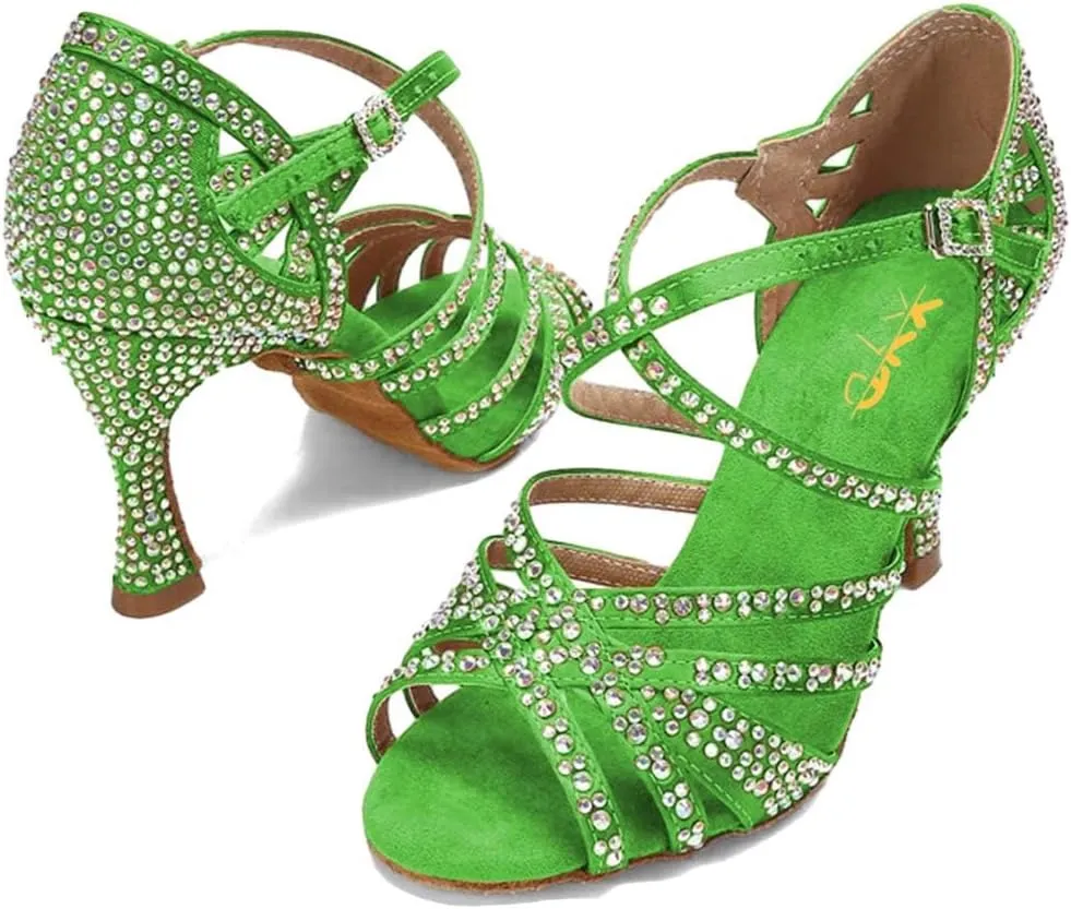 XYD Women Dance Ballroom Latin Jazz Sandals Mid Heels Open Toe Crystal Rhinestones Strappy Sparkling Bridal Evening Fancy Pumps Shoes