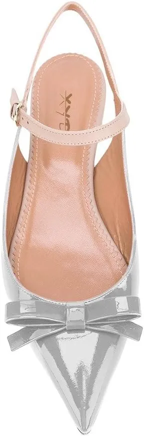 XYD Women Pointed Toe Bows Flats Ankle Strap Open Back Comfortable Ballet Shoes with Bowknots