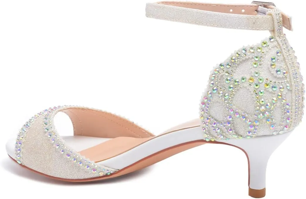 XYD Women's Sandals, Chic Peep Toe, D'Orsay Kitten Low Heels, Rhinestone Studs, Ankle Strap Satin Shoes for Wedding Ballroom
