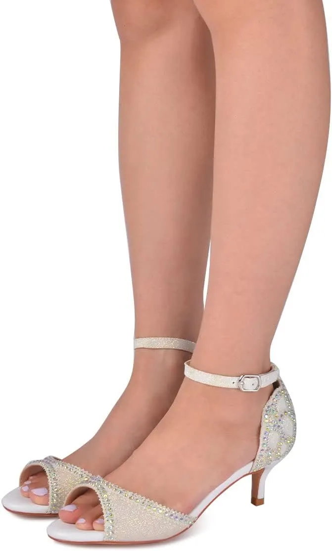 XYD Women's Sandals, Chic Peep Toe, D'Orsay Kitten Low Heels, Rhinestone Studs, Ankle Strap Satin Shoes for Wedding Ballroom