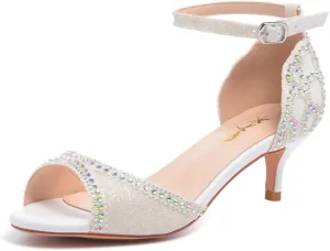 XYD Women's Sandals, Chic Peep Toe, D'Orsay Kitten Low Heels, Rhinestone Studs, Ankle Strap Satin Shoes for Wedding Ballroom