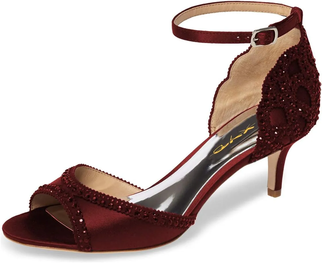 XYD Women's Sandals, Chic Peep Toe, D'Orsay Kitten Low Heels, Rhinestone Studs, Ankle Strap Satin Shoes for Wedding Ballroom