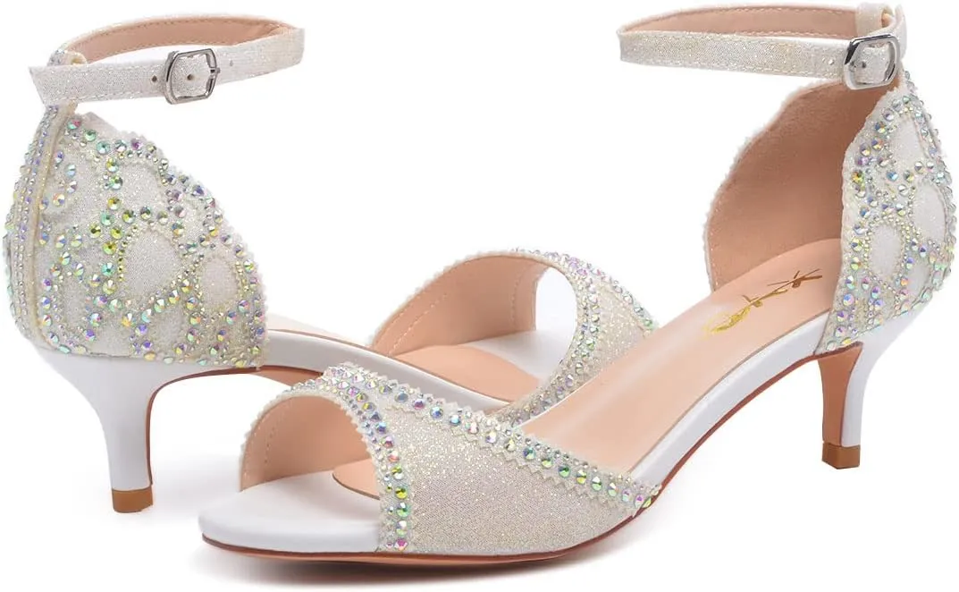 XYD Women's Sandals, Chic Peep Toe, D'Orsay Kitten Low Heels, Rhinestone Studs, Ankle Strap Satin Shoes for Wedding Ballroom