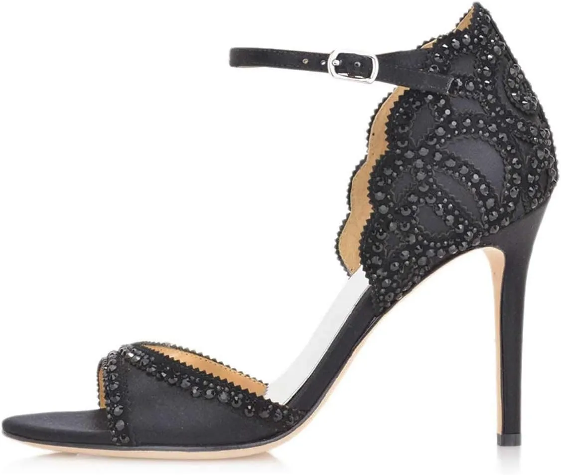 XYD Women's Sandals, Chic Peep Toe, D'Orsay Stiletto High Heels, Rhinestone Studs, Ankle Strap Satin Shoes for Wedding Ballroom