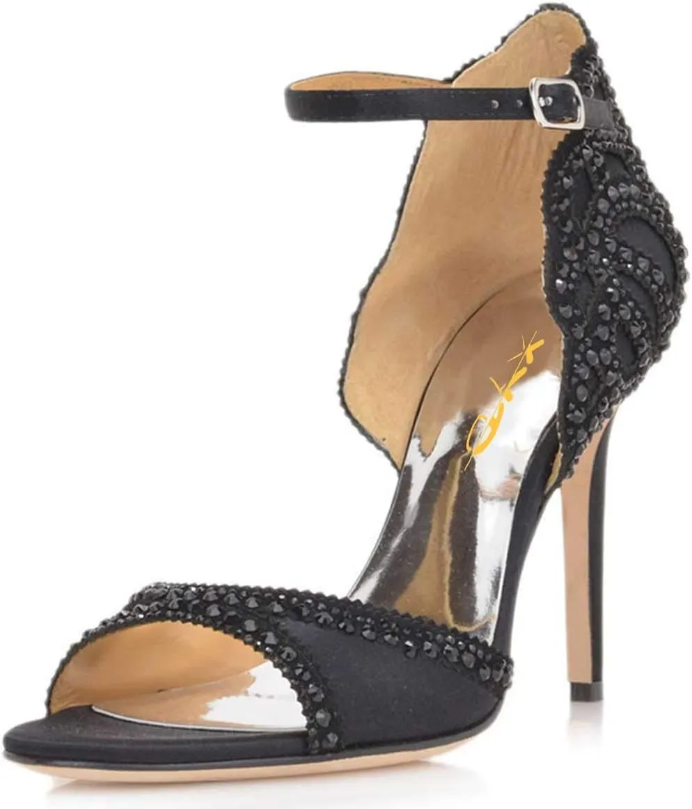 XYD Women's Sandals, Chic Peep Toe, D'Orsay Stiletto High Heels, Rhinestone Studs, Ankle Strap Satin Shoes for Wedding Ballroom