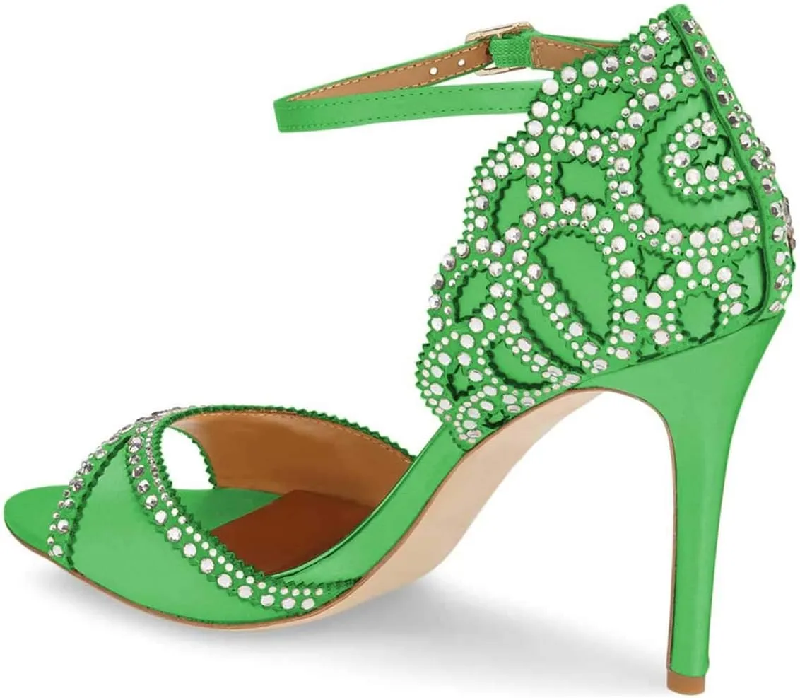 XYD Women's Sandals, Chic Peep Toe, D'Orsay Stiletto High Heels, Rhinestone Studs, Ankle Strap Satin Shoes for Wedding Ballroom
