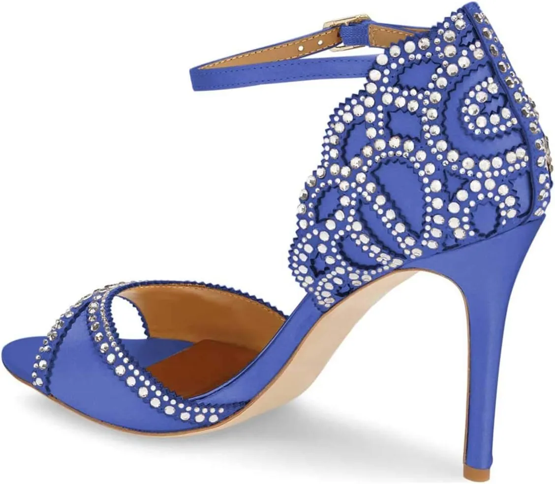 XYD Women's Sandals, Chic Peep Toe, D'Orsay Stiletto High Heels, Rhinestone Studs, Ankle Strap Satin Shoes for Wedding Ballroom