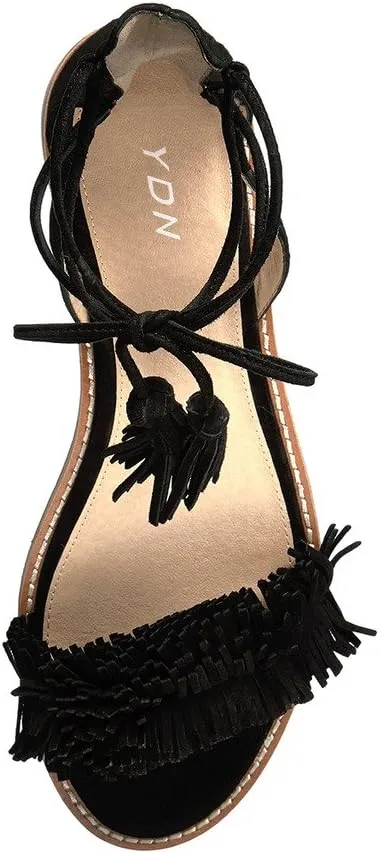 YDN Women's Stacked Low Heels Fringes Sandals Open Toe Flats Lace up Night Club Shoe