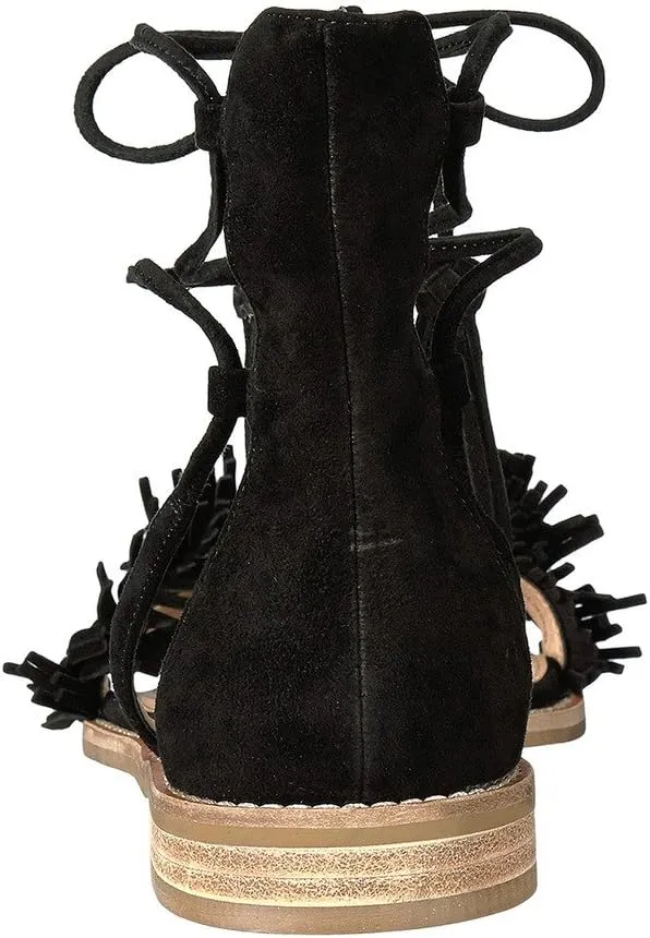 YDN Women's Stacked Low Heels Fringes Sandals Open Toe Flats Lace up Night Club Shoe