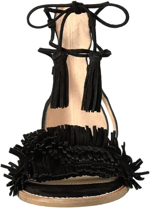 YDN Women's Stacked Low Heels Fringes Sandals Open Toe Flats Lace up Night Club Shoe