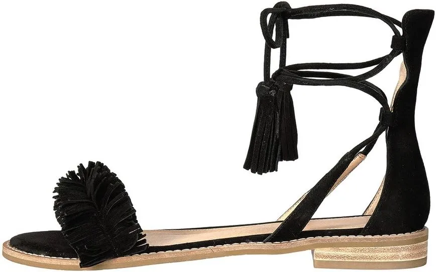 YDN Women's Stacked Low Heels Fringes Sandals Open Toe Flats Lace up Night Club Shoe