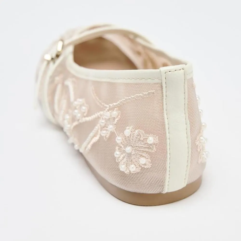 YIYA Women's White Floral Embroidered Mesh Ballet Flats with Pearl Studded Round Toe Ballerina Buckle Strap Comfortable Mary Jane Dress Shoes