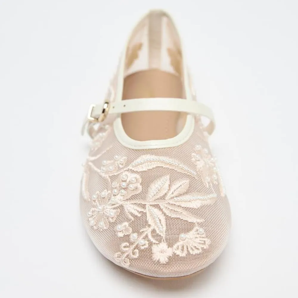 YIYA Women's White Floral Embroidered Mesh Ballet Flats with Pearl Studded Round Toe Ballerina Buckle Strap Comfortable Mary Jane Dress Shoes