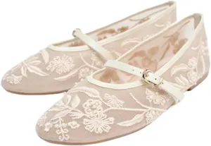 YIYA Women's White Floral Embroidered Mesh Ballet Flats with Pearl Studded Round Toe Ballerina Buckle Strap Comfortable Mary Jane Dress Shoes