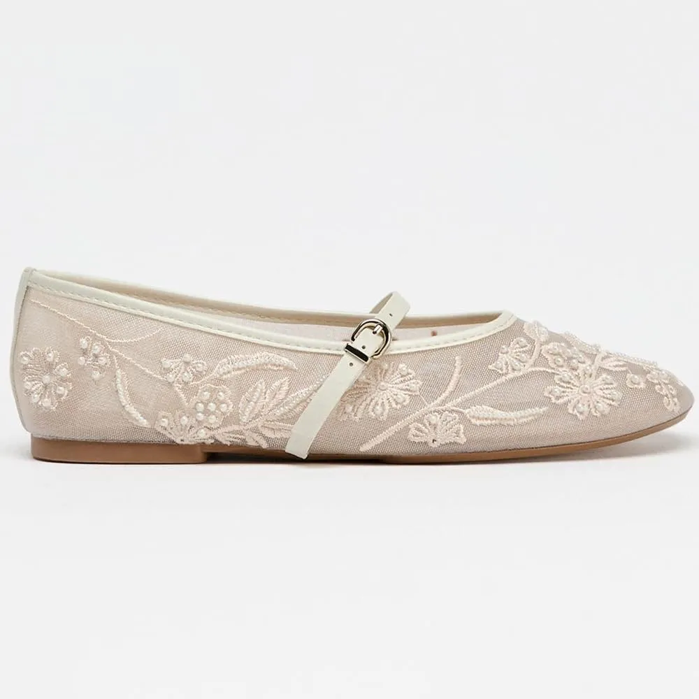 YIYA Women's White Floral Embroidered Mesh Ballet Flats with Pearl Studded Round Toe Ballerina Buckle Strap Comfortable Mary Jane Dress Shoes
